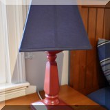D18. Pottery Barn Kids red lamp with blue shade. 22”h - $30 